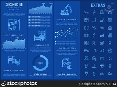 Construction infographic template, elements and icons. Infograph includes customizable graphs, charts, line icon set with construction worker, builder tools, repair person, house building etc.. Construction infographic template and elements.