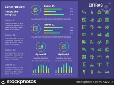 Construction infographic template, elements and icons. Infograph includes customizable graphs, four options, line icon set with construction worker, builder tools, repair person, house building etc.. Construction infographic template and elements.