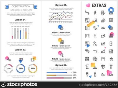 Construction infographic template, elements and icons. Infograph includes customizable graphs, four options, line icon set with construction worker, builder tools, repair person, house building etc.. Construction infographic template and elements.