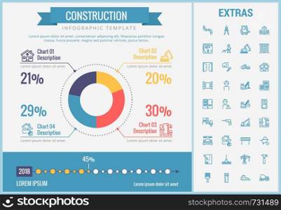 Construction infographic template, elements and icons. Infograph includes customizable pie chart, graph, line icon set with construction worker, builder tools, repair person, house building etc.. Construction infographic template and elements.