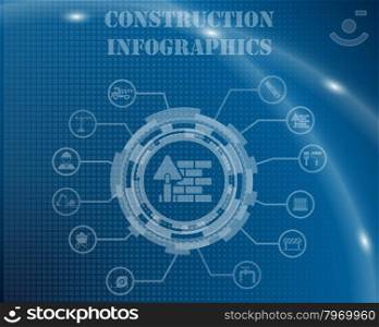 Construction Infographic Template From Technological Gear Sign, Lines and Icons. Elegant Design With Transparency on Blue Checkered Background With Light Lines and Flash on It. Vector Illustration.