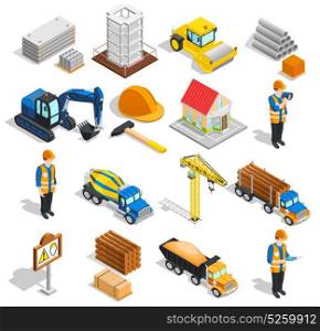 Construction Isometric Elements Set. Construction isometric icons collection of isolated building equipment with images of workers machinery and constructional supplies vector illustration