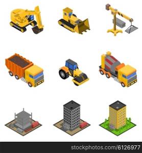 Construction Isometric Icons Set. Construction isometric icons set with paver excavator and bulldozer isolated vector illustration