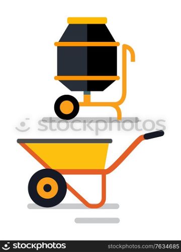 Construction items, isolated cement mixer and loader. Carriage for transportation of materials, instruments and tools for building container. Vector illustration in flat cartoon style. Cement Mixer and Carriage Loader Cart Construction