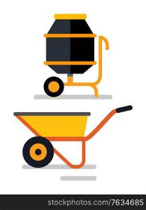 Construction items, isolated cement mixer and loader. Carriage for transportation of materials, instruments and tools for building container. Vector illustration in flat cartoon style. Cement Mixer and Carriage Loader Cart Construction