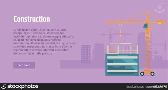 Construction. Laying Big Flagstone by Truck Crane. Construction. Laying big flagstone by truck crane on unfinished glass building. Yellow industrial truck on wheels. Violet background. Some houses on the background. Flat design. Vector illustration.