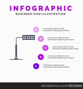 Construction, Light, Tower, Road Solid Icon Infographics 5 Steps Presentation Background