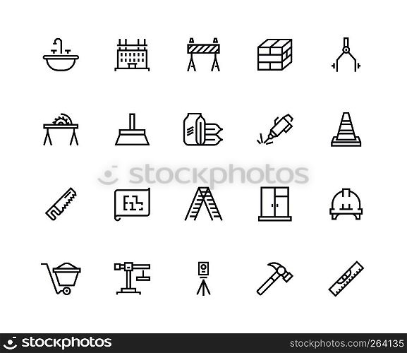 Construction line icons. Building project and home repair, working and engineering equipment. Build and renovation vector design. Construction line icons. Building project and home repair, working and engineering equipment. Build renovation design