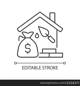 Construction loan linear icon. Self build loan. Get credit for house building. Home project. Thin line illustration. Contour symbol. Vector outline drawing. Editable stroke. Arial font used. Construction loan linear icon