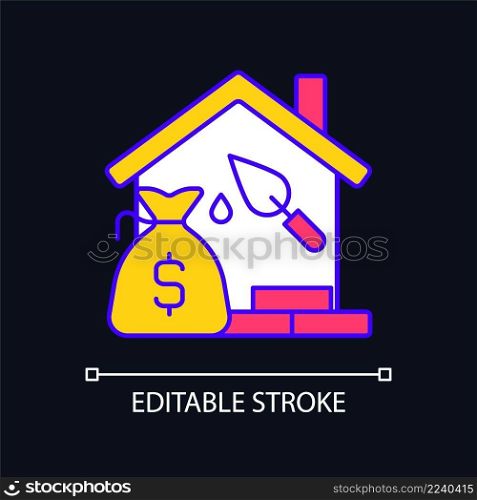 Construction loan RGB color icon for dark theme. Self build loan. Get credit for house building. Home project. Simple filled line drawing on night mode background. Editable stroke. Arial font used. Construction loan RGB color icon for dark theme