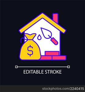 Construction loan RGB color icon for dark theme. Self build loan. Get credit for house building. Home project. Simple filled line drawing on night mode background. Editable stroke. Arial font used. Construction loan RGB color icon for dark theme