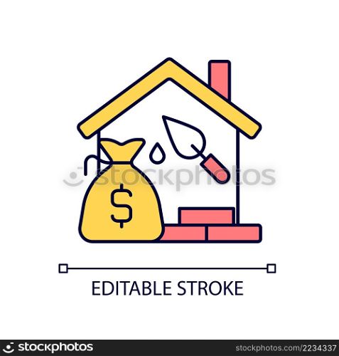 Construction loan RGB color icon. Self build loan. Get credit for house building. Home project. Isolated vector illustration. Simple filled line drawing. Editable stroke. Arial font used. Construction loan RGB color icon