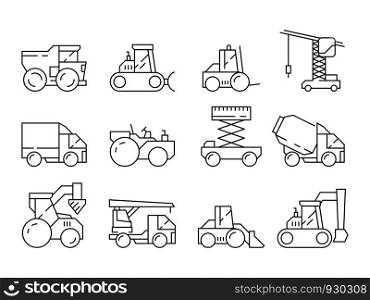 Construction machine. Bulldozer heavy truck crane harvester vehicle for building vector linear icons set. Illustration of construction truck, machine excavator, bulldozer machinery. Construction machine. Bulldozer heavy truck crane harvester vehicle for building vector linear icons set