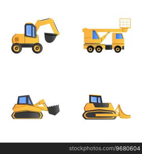 Construction machine icons set cartoon vector. Construction work. Heavy machinery. Construction machine icons set cartoon vector. Construction work