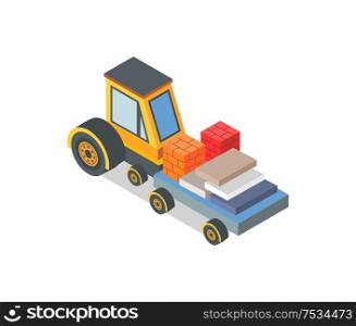 Construction machine with loaded bricks and boxes vector. Industrial machinery, building assisting device, transporting cargo and goods. New equipment. Construction Machine with Loaded Bricks and Boxes