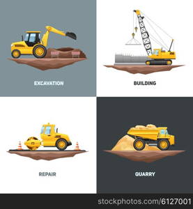 Construction Machinery 4 Flat Icons Square. Building construction machinery 4 flat icons design with yellow crane excavator and truck abstract isolated vector illustration