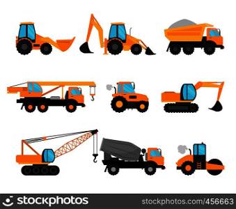 Construction machinery and building construction equipment icons on white background. Vector illustration. Building construction machinery equipment