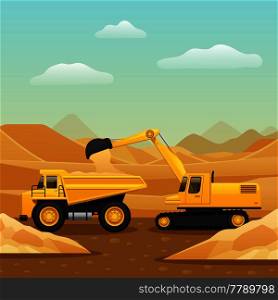 Construction machinery for ground works composition with excavator loading dumper truck with sand flat vector illustration. Construction Machinery Composition