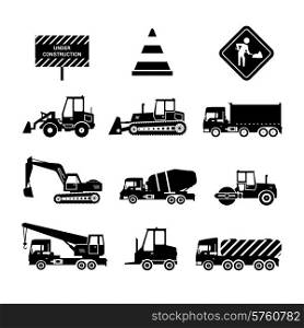 Construction machines and warning signs black decorative icons set isolated vector illustration. Construction Machines Black
