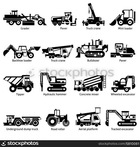 Construction Machines Black White Icons Set . Construction machines and technics black white icons set with crane hammer and tipper flat isolated vector illustration