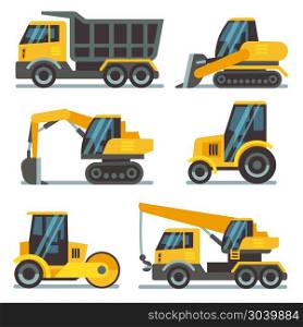 Construction machines, heavy equipment, vehicles flat vector icons. Construction machines, heavy equipment, construction vehicles flat vector icons. Excavator and crane, digger and loader illustration