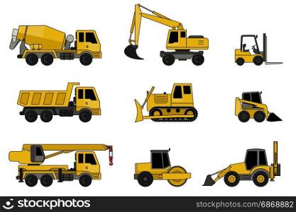 Construction machines icons.. Construction machines icons with line contour. Vector icons of building machinery.