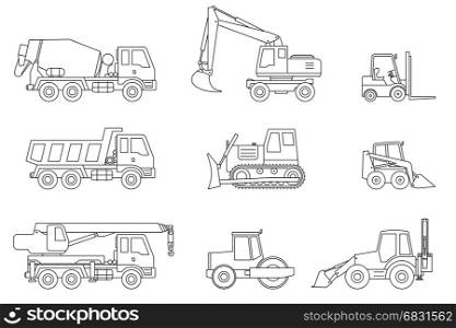 Construction machines thin icons.. Construction machines thin icons. Vector line icons of building machinery.