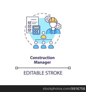 Construction manager concept icon. Supervisor work. Business project management. Civil engineering idea thin line illustration. Vector isolated outline RGB color drawing. Editable stroke. Construction manager concept icon