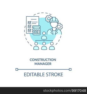 Construction manager turquoise concept icon. Supervisor work. Business project management. Civil engineering idea thin line illustration. Vector isolated outline RGB color drawing. Editable stroke. Construction manager turquoise concept icon