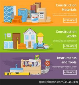 Construction Materials Banners. Horizontal construction materials works instruments and tools flat banners isolated vector illustration