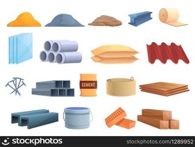 Construction materials icons set. Cartoon set of construction materials vector icons for web design. Construction materials icons set, cartoon style