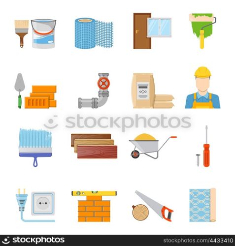 Construction Materials Icons Set. Various construction materials builder and tools icons set on white background flat isolated vector illustration