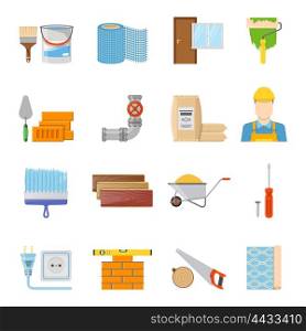 Construction Materials Icons Set. Various construction materials builder and tools icons set on white background flat isolated vector illustration
