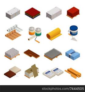 Construction materials isometric icons collection of sixteen isolated images with hardware and building supplies on blank background vector illustration. Construction Materials Icon Set