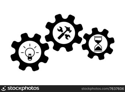Construction materials, wrench and hammer, light bulb and hourglass in nut icons, building equipments in black color, spanner instrument on white vector. Wrench and Hammer, Hourglass and Bulb, Nut Vector