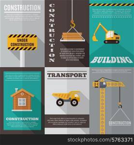 Construction mini poster set with building and transport isolated vector illustration. Construction Poster Set