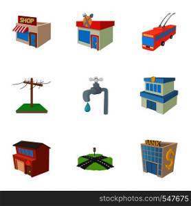 Construction of city icons set. Cartoon illustration of 9 construction of city vector icons for web. Construction of city icons set, cartoon style