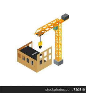 Construction of house with tower crane icon in isometric 3d style on a white background. Construction of house with tower crane icon