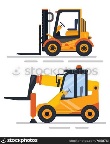 Construction of new infrastructure vector, isolated machinery used in building. Reactor and excavator, automated mechanical objects, flat style loader. Machinery Used in Working Process of Constructing