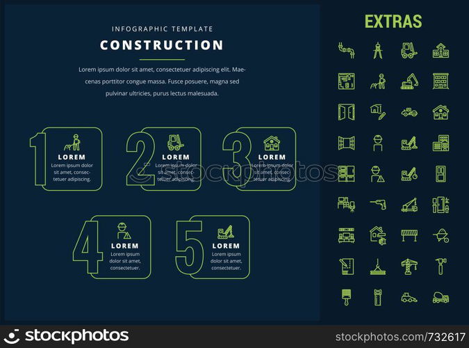 Construction options infographic template, elements and icons. Infograph includes line icon set with construction worker, builder tools, repair person, house building, building project etc.. Construction infographic template and elements.