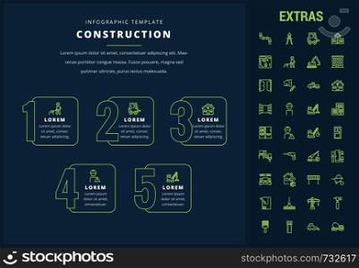Construction options infographic template, elements and icons. Infograph includes line icon set with construction worker, builder tools, repair person, house building, building project etc.. Construction infographic template and elements.