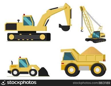Construction or Mining Industries Heavy Machines Flat Vector Icons Set Isolated on White Background. Crawler Excavator and Crane, Bulldozer, Loaded with Bulk Cargo Dumper Truck Illustration Collection
