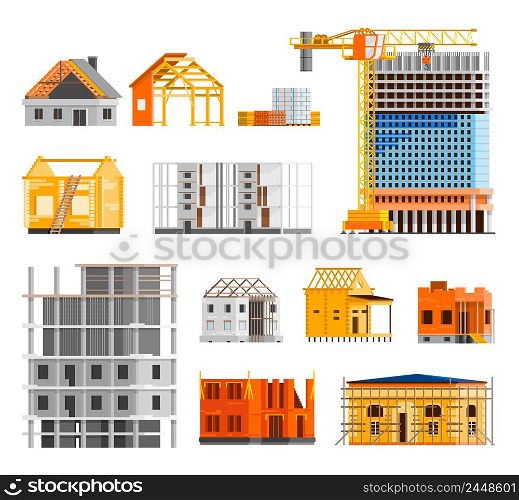 Construction orthogonal icons set with building a house symbols flat isolated vector illustration . Construction Icons Set