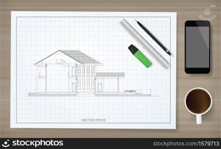 Construction paper background of blueprint with image of wireframe house. Abstract construction graphic idea. Vector illustration.