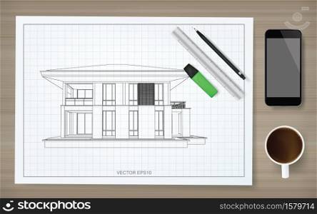 Construction paper background of blueprint with image of wireframe house. Abstract construction graphic idea. Vector illustration.