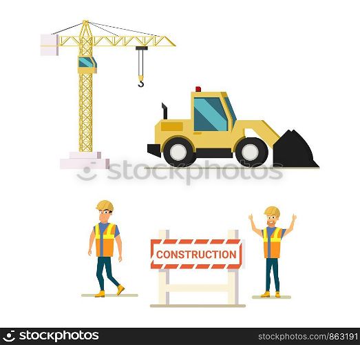Construction People and Machinery Flat Vector Icon Set Isolated on White Background. Construction Tower Crane, Bulldozer, Builders or Site Workers in Reflective Vest and Helmets Behind Warning Fence