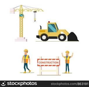 Construction People and Machinery Flat Vector Icon Set Isolated on White Background. Construction Tower Crane, Bulldozer, Builders or Site Workers in Reflective Vest and Helmets Behind Warning Fence