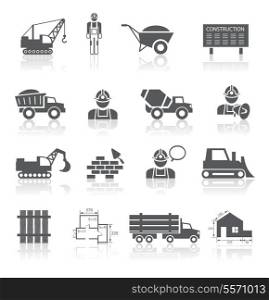 Construction pictograms collection of worker industrial vehicles and blueprint isolated vector illustration