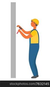 Construction process, isolated character holding hammer and nails. Builder wearing protective uniform and helmet on head, wall and supply tools. Vector illustration in flat cartoon style. Construction Worker, Man with Hammer and Nails