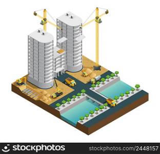 Construction process of many storeyed modern building near canal composition on white background isometric vector illustration. Construction Isometric Composition